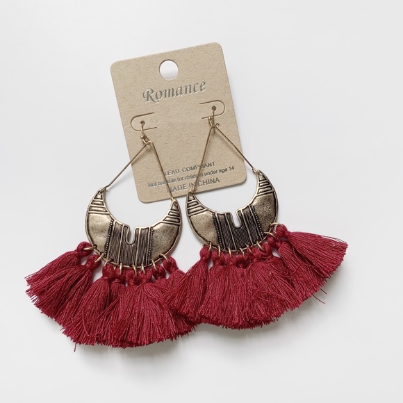 Boho Drop Etched Burnished Gold Tassel Earrings - Picture 3 of 5